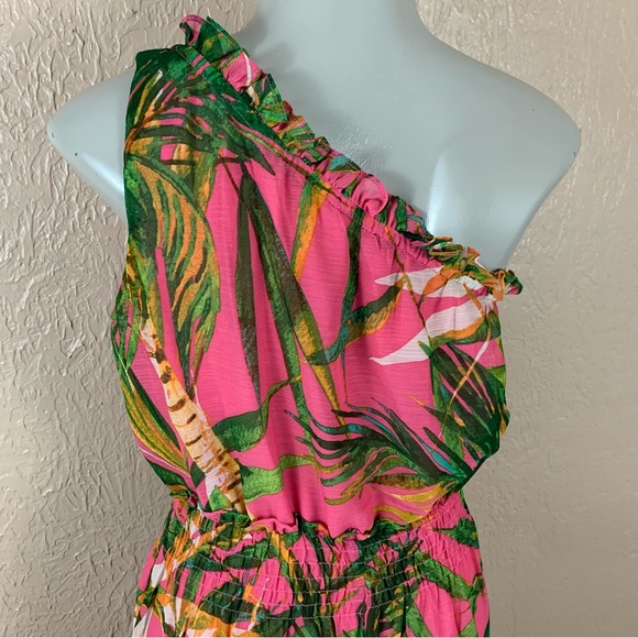 Zarr Collection One Shoulder Pink Tropical Print Pant Jumpsuit - Picture 5 of 12